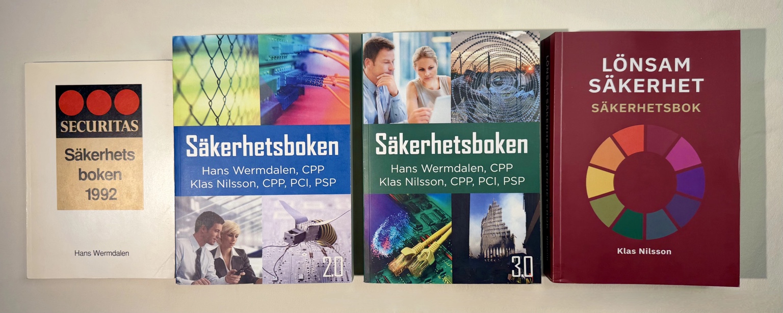 Fyra generationer av Säkerhetsboken från 1992 till Lönsam säkerhet